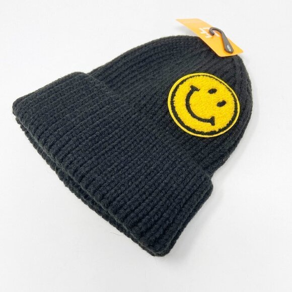 Smiley Face Knit Stocking Cap Hat Black - Picture 3 of 5